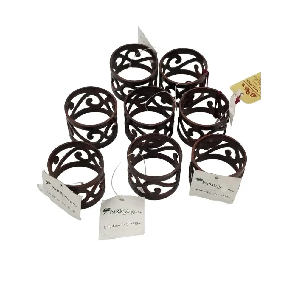 Napkin Ring Holders Set of 8 Metal Cut-Out‎ Scroll Burl Brown Pierced